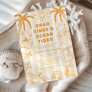 Beach Grad Vibes Doodle Yellow Graduation Invitation