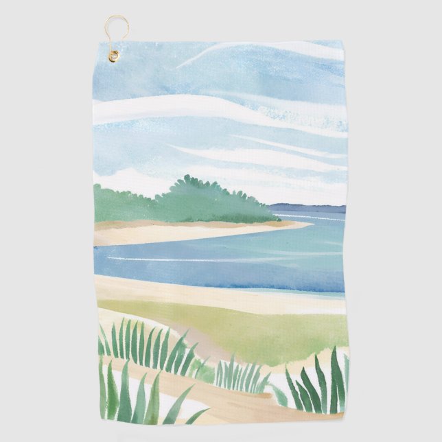 Beach Grass Bay | Watercolor Ocean Coastal Sea Golf Towel (Front)