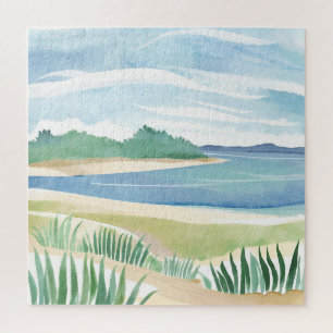 Beach Grass Bay Watercolor Ocean Coastal Sea Jigsaw Puzzle