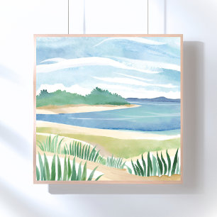 Beach Grass Bay   Watercolor Ocean Coastal Sea Poster