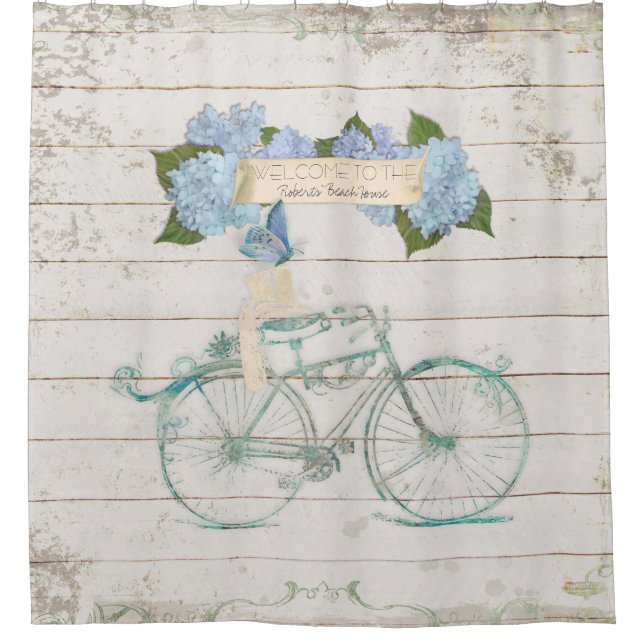 Beach Guest House Shiplap Wood Hydrangea Bicycle Shower Curtain (Front)