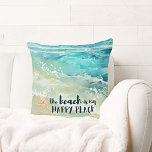 Beach Happy Place Watercolor Ocean Waves Coastal Cushion<br><div class="desc">Add a beach vibe to your home with this cosy cotton coastal throw pillow featuring watercolor tropical turquoise and sea foam ocean waves,  coral starfish and "the beach is my happy place" typography in a nautical navy blue. Art by KL Stock</div>