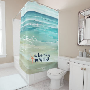 Beach Happy Place Watercolor Waves Coastal Shower Curtain
