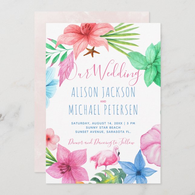 Beach Hawaiian tropical floral wreath wedding Invitation (Front/Back)