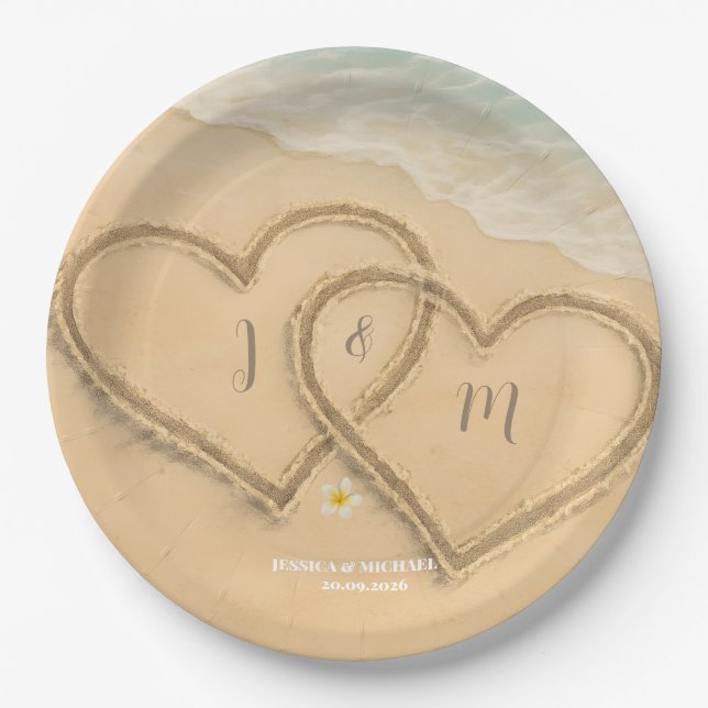Beach Heart Custom Wedding Sand & Sea Paper Plate (Front)