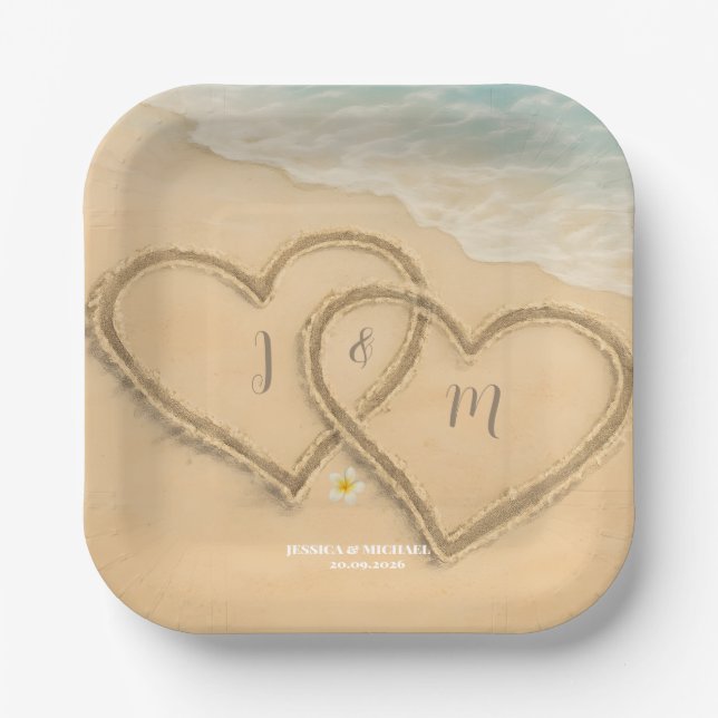 Beach Heart Custom Wedding Sand & Sea Paper Plate (Front)