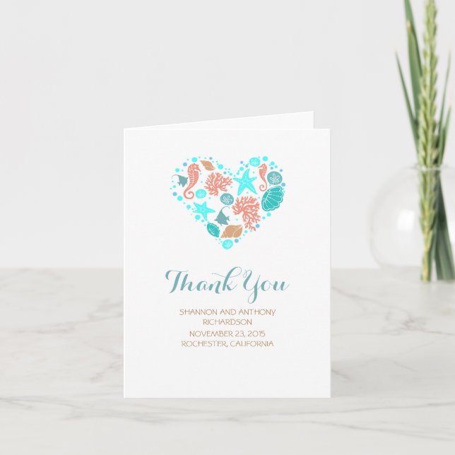 Beach Heart White Elegant Wedding Thank You Card (Front)