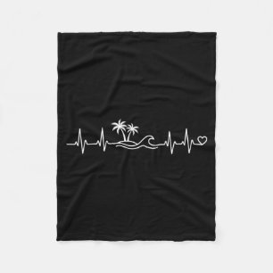 Beach Heartbeat Palm Tree Ocean EKG Line Women Fleece Blanket