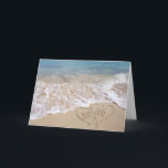 Beach Hearts anniversary Card<br><div class="desc">Beach hearts in sand with turquoise ocean background and frothy surf for anniversary congratulations</div>
