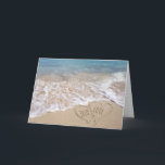 Beach Hearts anniversary Card<br><div class="desc">Beach hearts in sand with turquoise ocean background and frothy surf for anniversary congratulations</div>