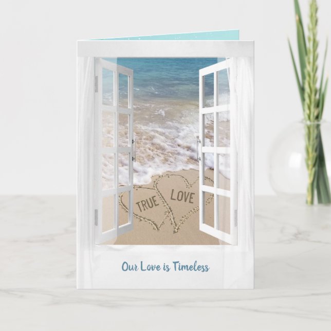 Beach Hearts in Window Anniversary Card (Front)