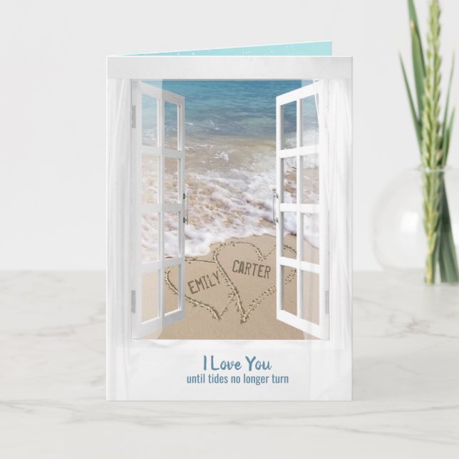 Beach Hearts in Window for Newlyweds Card (Front)