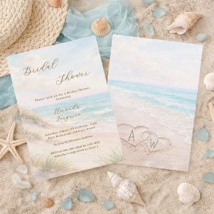 Beach hearts initials sand Bridal Shower Invitation