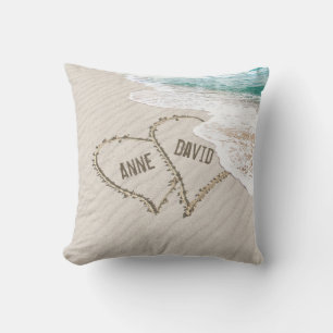 Beach Hearts On Sand with Names Cushion