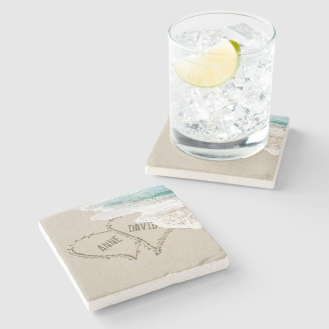 Beach Hearts On Sand with Names Stone Coaster (Side)