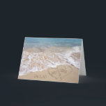 Beach Hearts wedding Card<br><div class="desc">Beach hearts in sand with turquoise ocean background and frothy surf.
Names and date can be customised.</div>