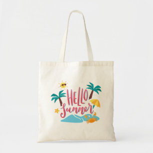 Beach - Hello Summer with Palm Trees and Crab Tote Bag