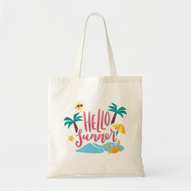 Beach - Hello Summer with Palm Trees and Crab Tote Bag (Front)