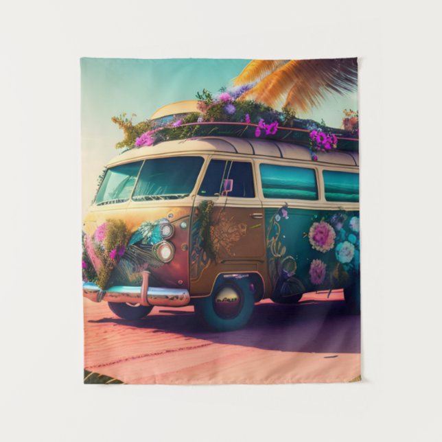Beach, Hippie Van, Trippy Flowers, Boho, Colourful Tapestry (Front)