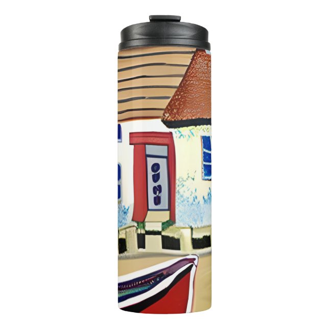 Beach House and Boat Abstract Illustration Thermal Tumbler (Front)