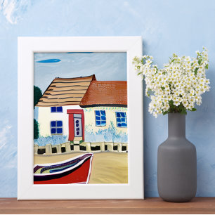 Beach House and Boat on Sandy Beach Poster