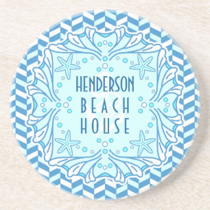 Beach House Art Deco Shell and Herringbone Custom Coaster