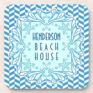 Beach House Art Deco Shell and Herringbone Custom Coaster