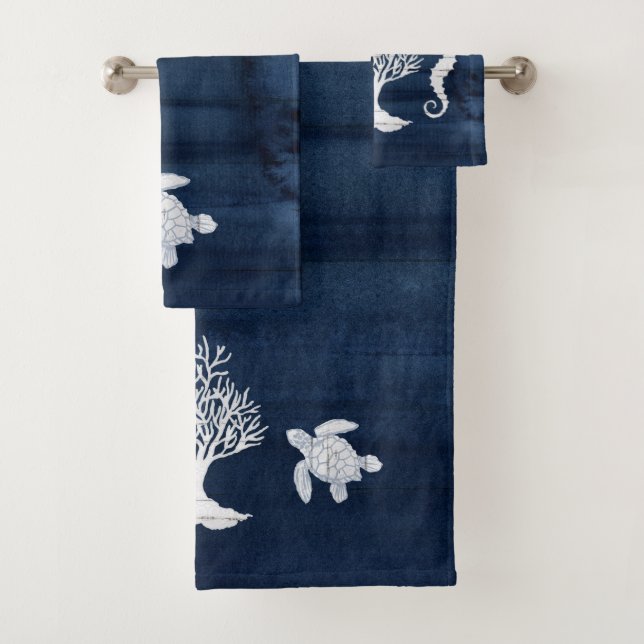 Beach House Bath Navy White Seahorse Turtle Coral Towel Set (Insitu)