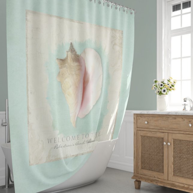 Beach House Bathroom Personalised Welcome Conch Shower Curtain (Creator Uploaded)