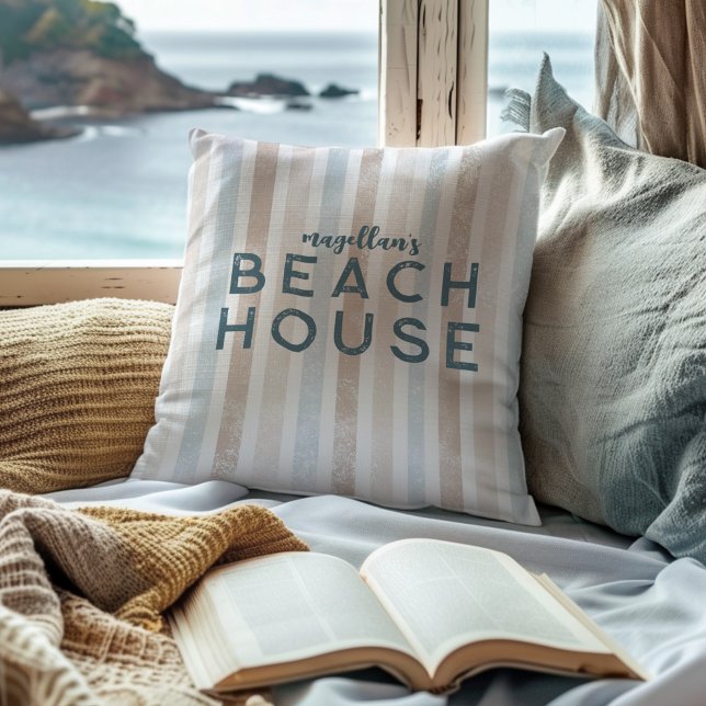 Beach House Beige & Blue Stripe Coastal  Cushion (Creator Uploaded)