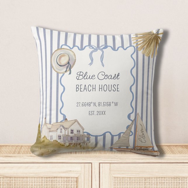 Beach House Blue Coastal Chic Blue Stripes Cushion (In situ)