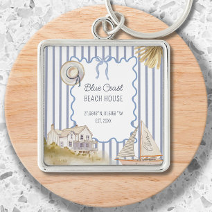 Beach House Blue Coastal Chic Blue Stripes Key Ring
