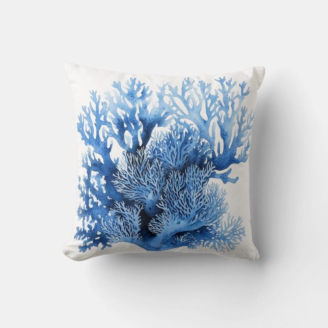 Beach House Blue Coral Throw Pillow (Front)