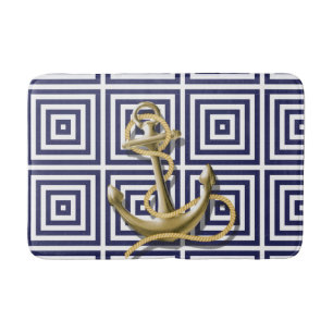 Beach House blue Greek Pattern Nautical Anchor Bath Mat