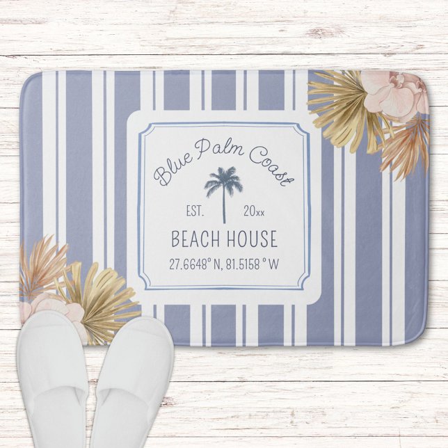 Beach House Blue Stripes Coastal Boho Farmhouse Bath Mat (In situ)