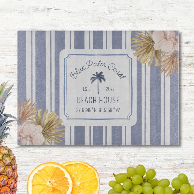 Beach House Blue Stripes Coastal Boho Farmhouse Cutting Board (In situ)