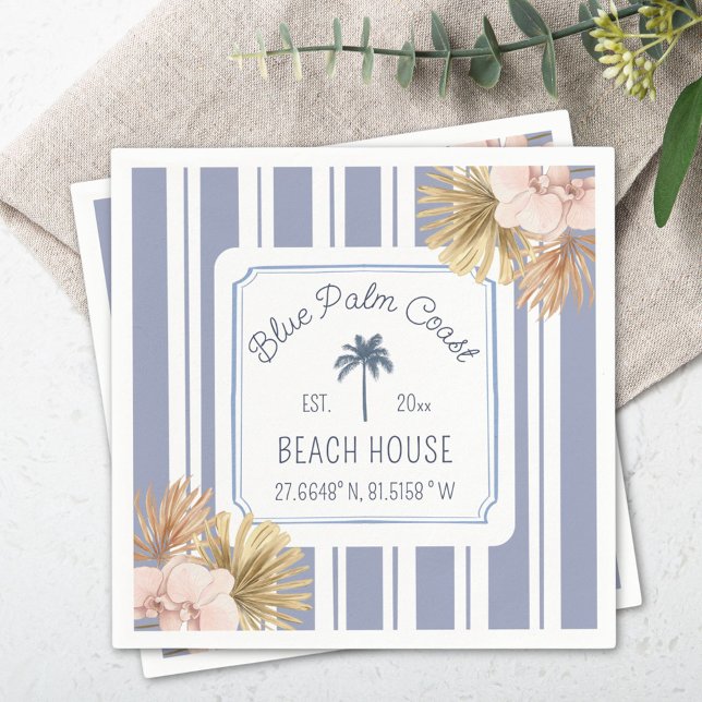 Beach House Blue Stripes Coastal Boho Farmhouse Napkin (In situ)