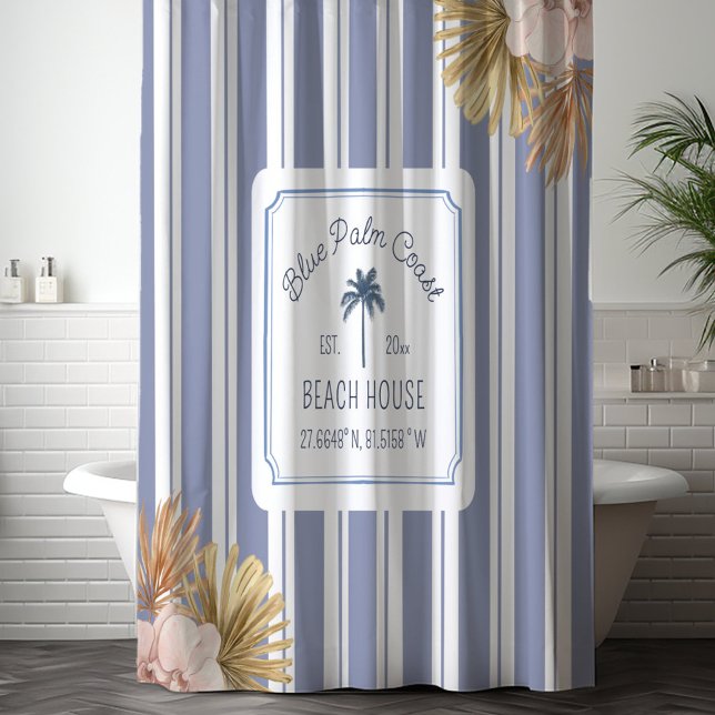 Beach House Blue Stripes Coastal Boho Farmhouse Shower Curtain (In situ)