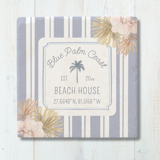 Beach House Blue Stripes Coastal Boho Farmhouse Stone Coaster (In situ)