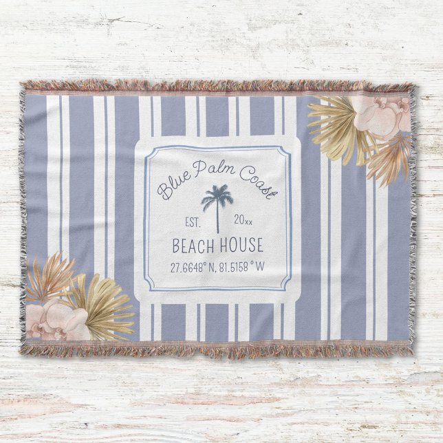 Beach House Blue Stripes Coastal Boho Farmhouse Throw Blanket (Close up)