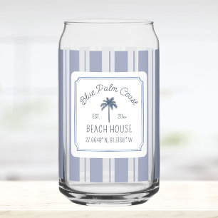 Beach House Blue Stripes Coastal Farmhouse Can Glass