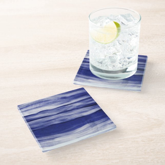 Beach House Blue Stripes Glass Coaster (Angled)