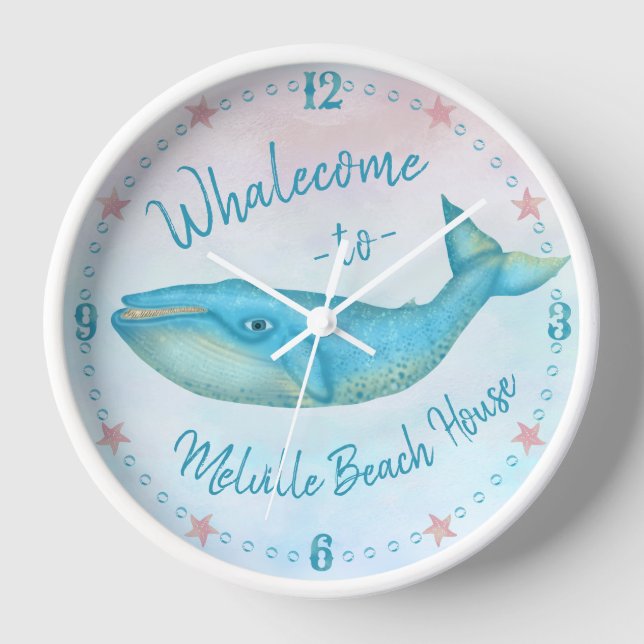 Beach House Blue Whale Nautical Whalecome | Name Clock (Front)