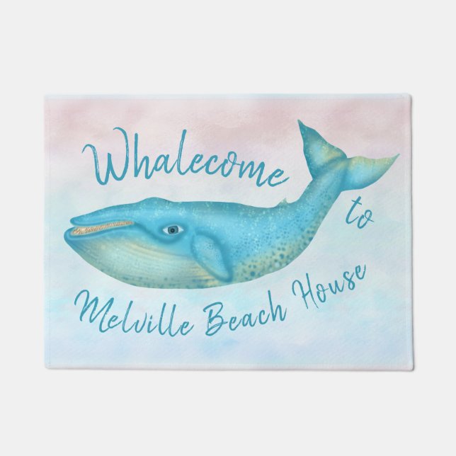 Beach House Blue Whale Nautical Whalecome | Name Doormat (Front)