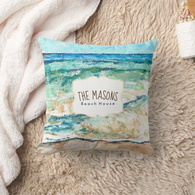 Beach House Coastal Artwork Throw Pillow (Blanket)