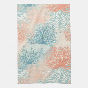 Beach House Coral Blue Beige Coastal Tea Towel
