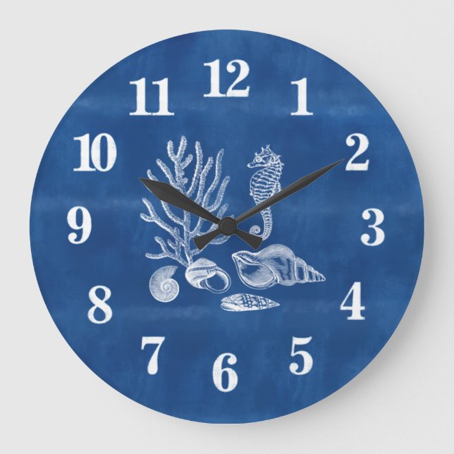 Beach House Coral Seahorse Ocean Blue Large Clock (Front)