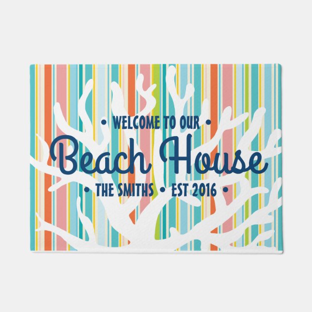 Beach House Coral Stripes Door Mat (Front)