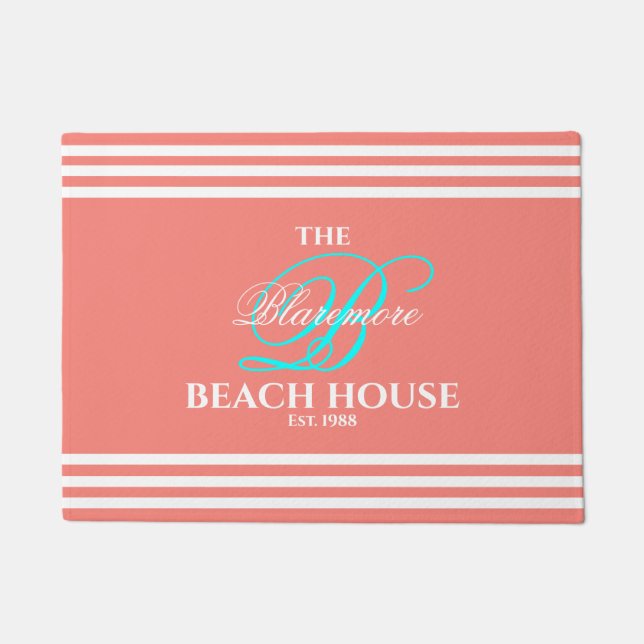 Beach House Coral White Stripes Aqua Colour Doormat (Front)