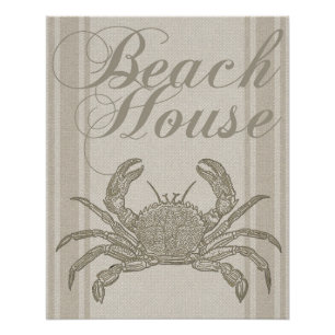 Beach House Crab Seashore Coastal Vintage Poster